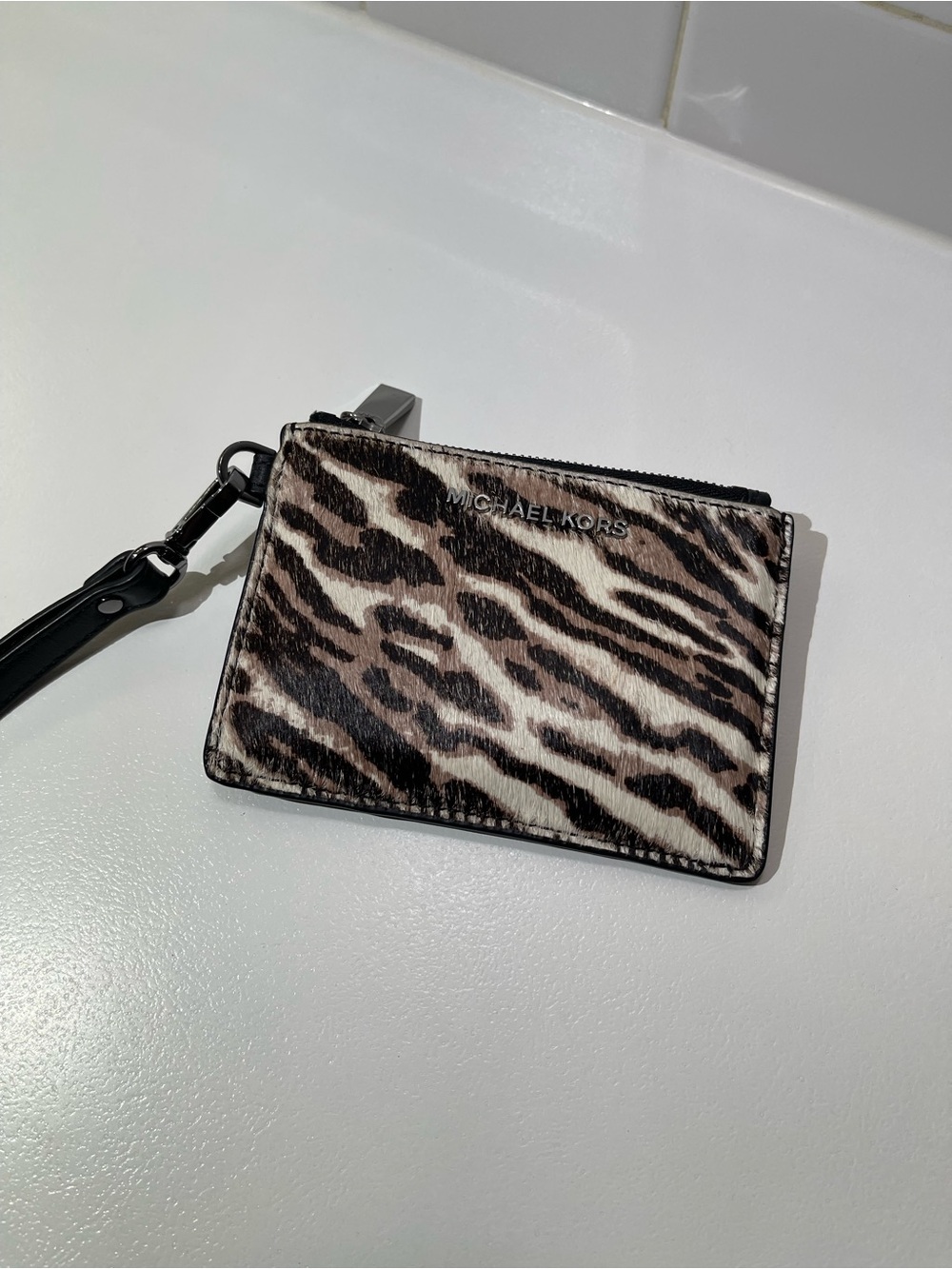 Michael Kors Zebra Print Wristlet Card Holder - Black/Brown/Cream